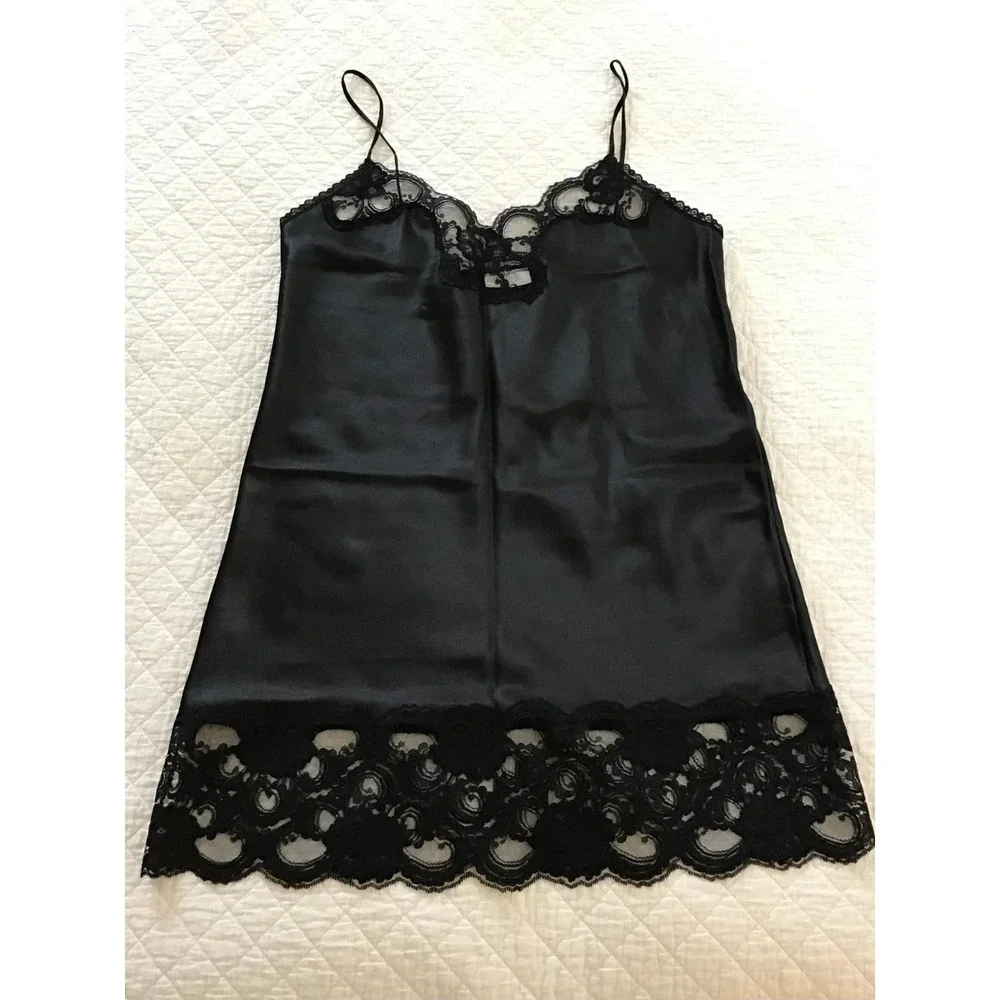 VTG 80's Black Satin Lace Trim Sz L Nightgown Lingerie + Ashley Taylor Half Slip